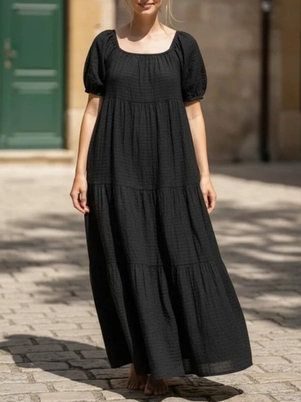 NWOT Anthropologie Tiered Puff Sleeve Maxi Dress SP Black Lyocel Seersucker